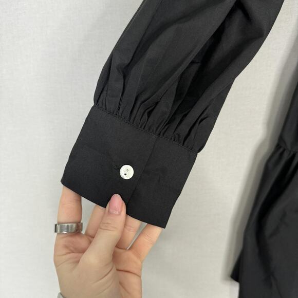 Wishing Waves Belted Shirt Dress Womens Large Black Poplin Mini Ruffle Hem - Picture 8 of 15